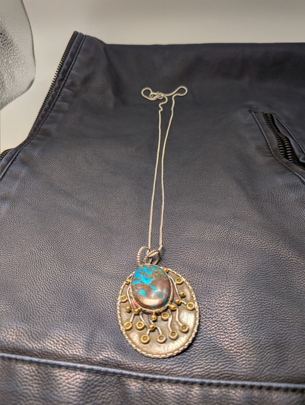 Vintage 925 Sterling Silver Mixed Metal Azurite Chrysocolla Pendant Necklace 20g - Picture 2 of 8
